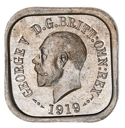 George V, Melbourne Mint pattern square, cupro-nickel kookaburra penny 1919, by Stokes & Son (R. type 3) (4.02g). Choice uncirculated and rare, especially in this condition.