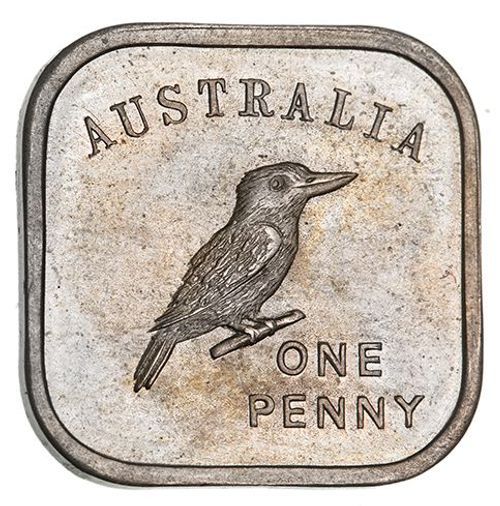 George V, Melbourne Mint pattern square, cupro-nickel kookaburra penny 1919, by Stokes & Son (R. type 3) (4.02g). Choice uncirculated and rare, especially in this condition.