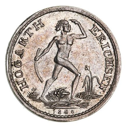 Hogarth Erichsen, Sydney silver threepence 1860, obverse Aboriginal man with boomerang (A.692) (2.30g). A choice specimen striking with mirror-like fields, finest of die break, boomerang to G, nearly FDC and excessively rare, the second finest known in private hands.