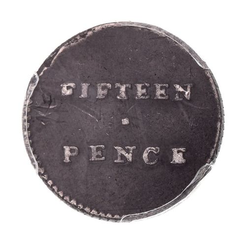 New South Wales, fifteen pence or dump, 1813 (Mira dies A/1). Trace of centre of the reverse of host coin on the reverse, old tool marks on the reverse, well struck with attractive gunmetal grey tone, good very fine.