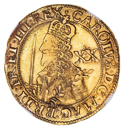 Charles I, gold unite, Oxford Mint, 1643, no mm, tall, well proportioned bust (S.2733). Cleaned, flat strike over face, good very fine.