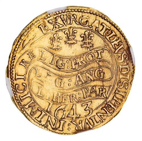Charles I, gold unite, Oxford Mint, 1643, no mm, tall, well proportioned bust (S.2733). Cleaned, flat strike over face, good very fine.