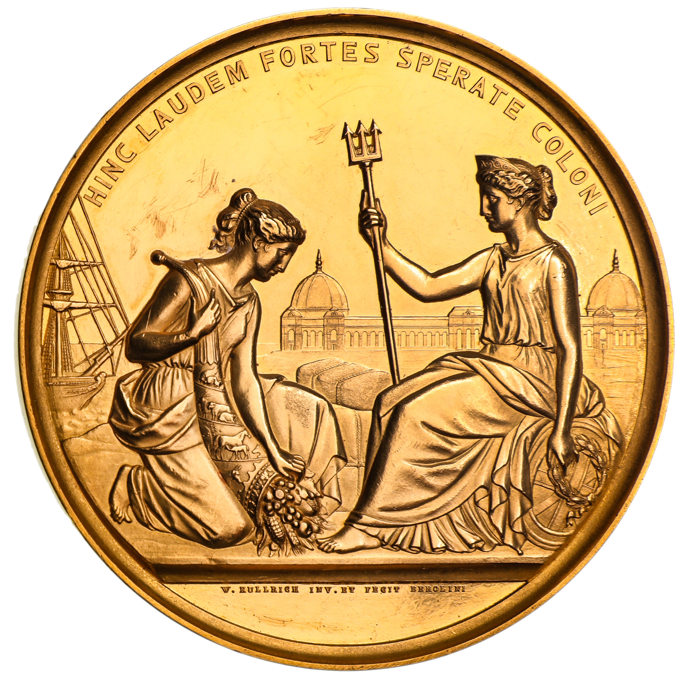 New South Wales Prize Exhibitors medal, 1862 (London), in gold (76mm) struck in nearly pure gold (23.5ct) (12oz / 365gm) by W.Kullrich, awarded as a special prize by the New South Wales Government for the best spun yarn from NSW grown wool to Joseph Craven of Dole Mill, Thornton, Yorkshire, inscribed on edge 'Joseph Craven. Fabric', probably the largest Australian award medal in gold. In original case, nearly FDC and excessively rare.