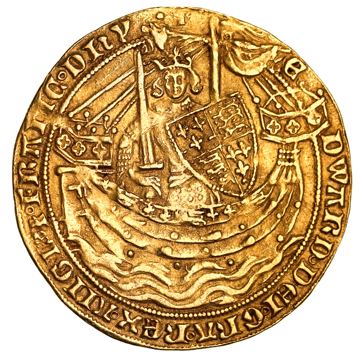 Edward III, (1327-1361) pre-treaty period, 1351-1361, gold noble, Series G (1356-61) (7.65g) (S.1490). Very fine or better, good portrait, may have been in an old mount (10 and 2.30 at top).