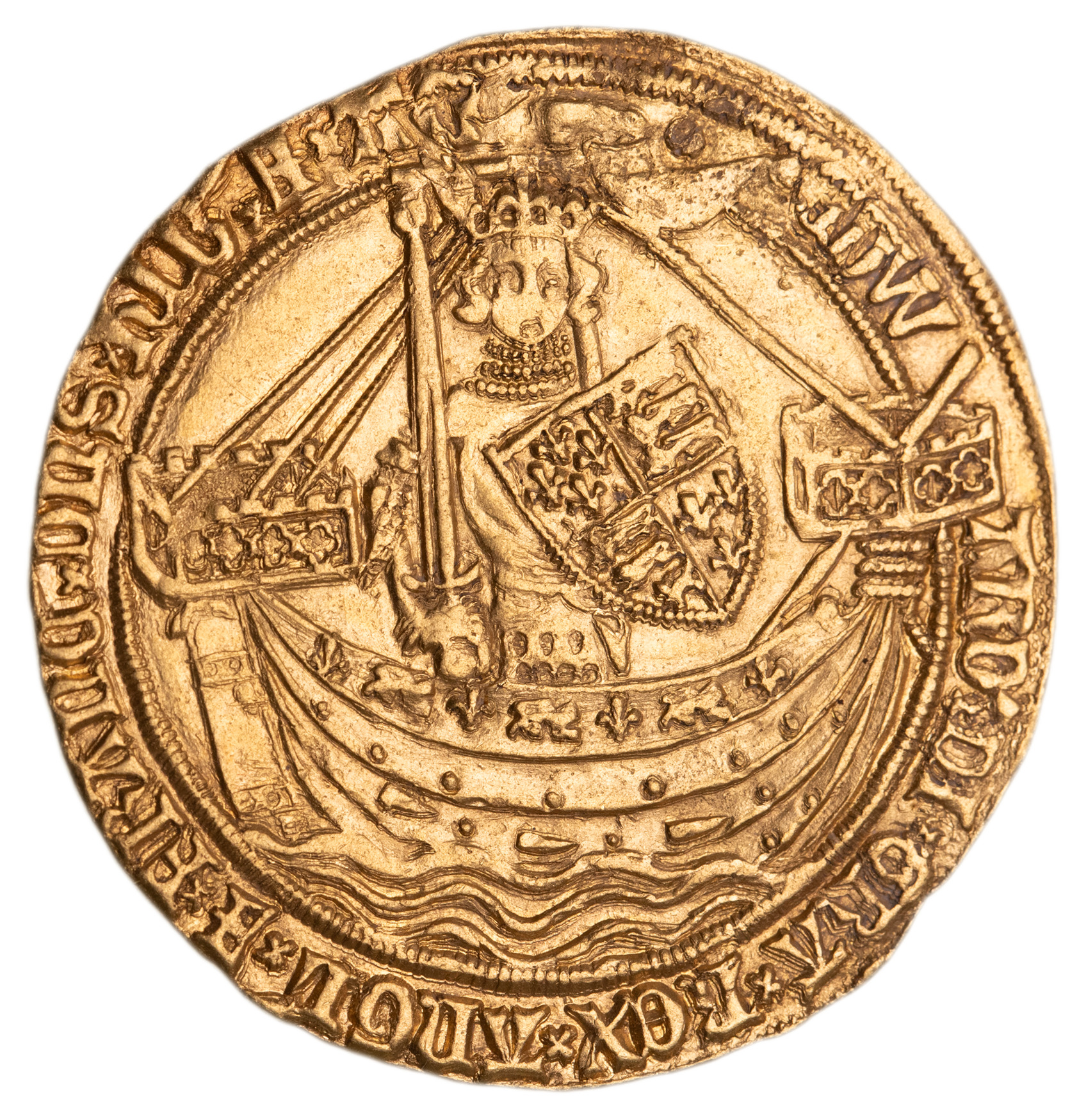 Edward III, (1327-1361) pre-treaty period, 1351-1361, gold noble, Series G (1356-61) (7.65g) (S.1490). Very fine or better, good portrait, may have been in an old mount (10 and 2.30 at top).