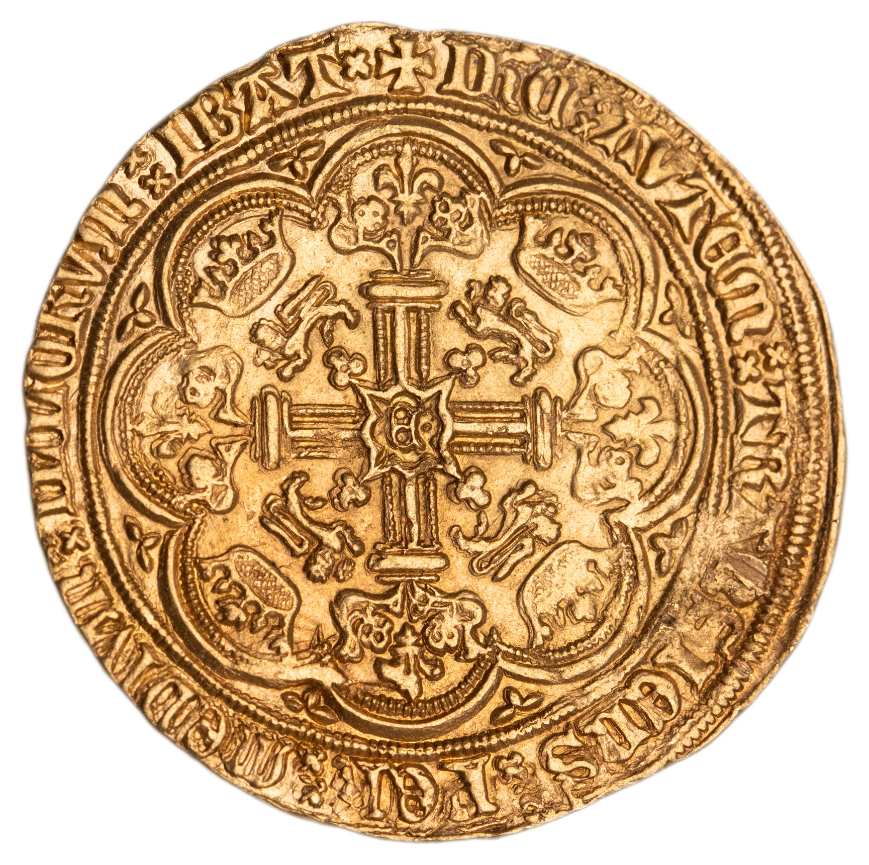 Edward III, (1327-1361) pre-treaty period, 1351-1361, gold noble, Series G (1356-61) (7.65g) (S.1490). Very fine or better, good portrait, may have been in an old mount (10 and 2.30 at top).
