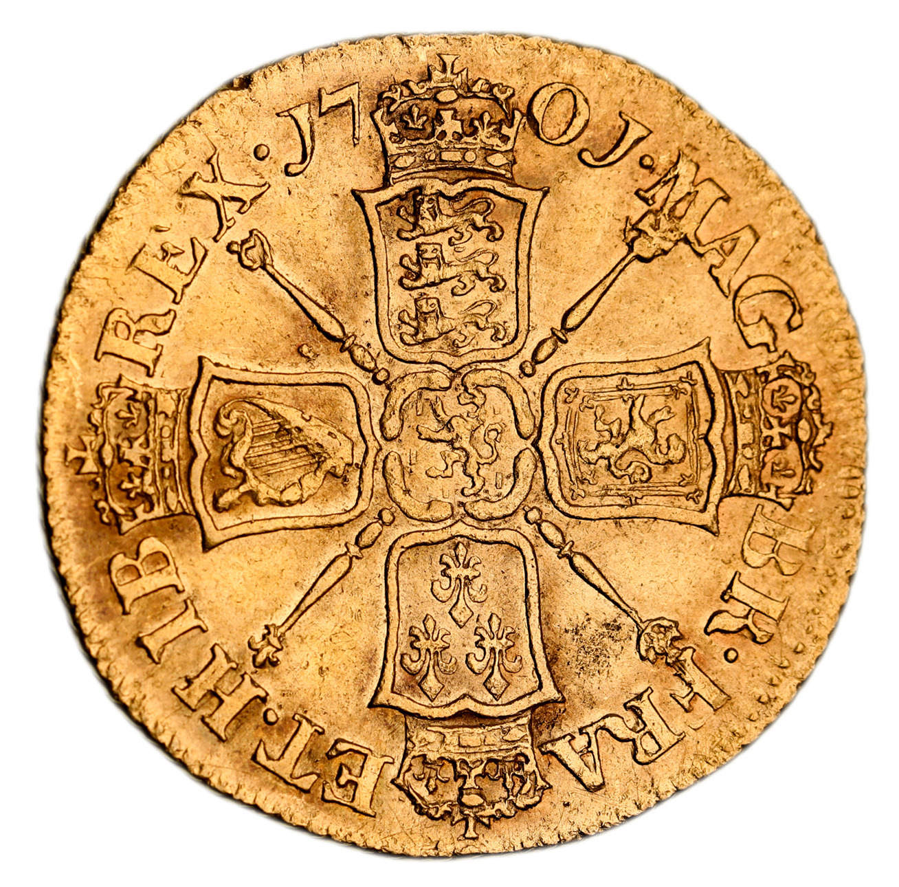 William III, guinea, second bust, narrow crown, 1701 (S.3463). Nearly extremely fine.