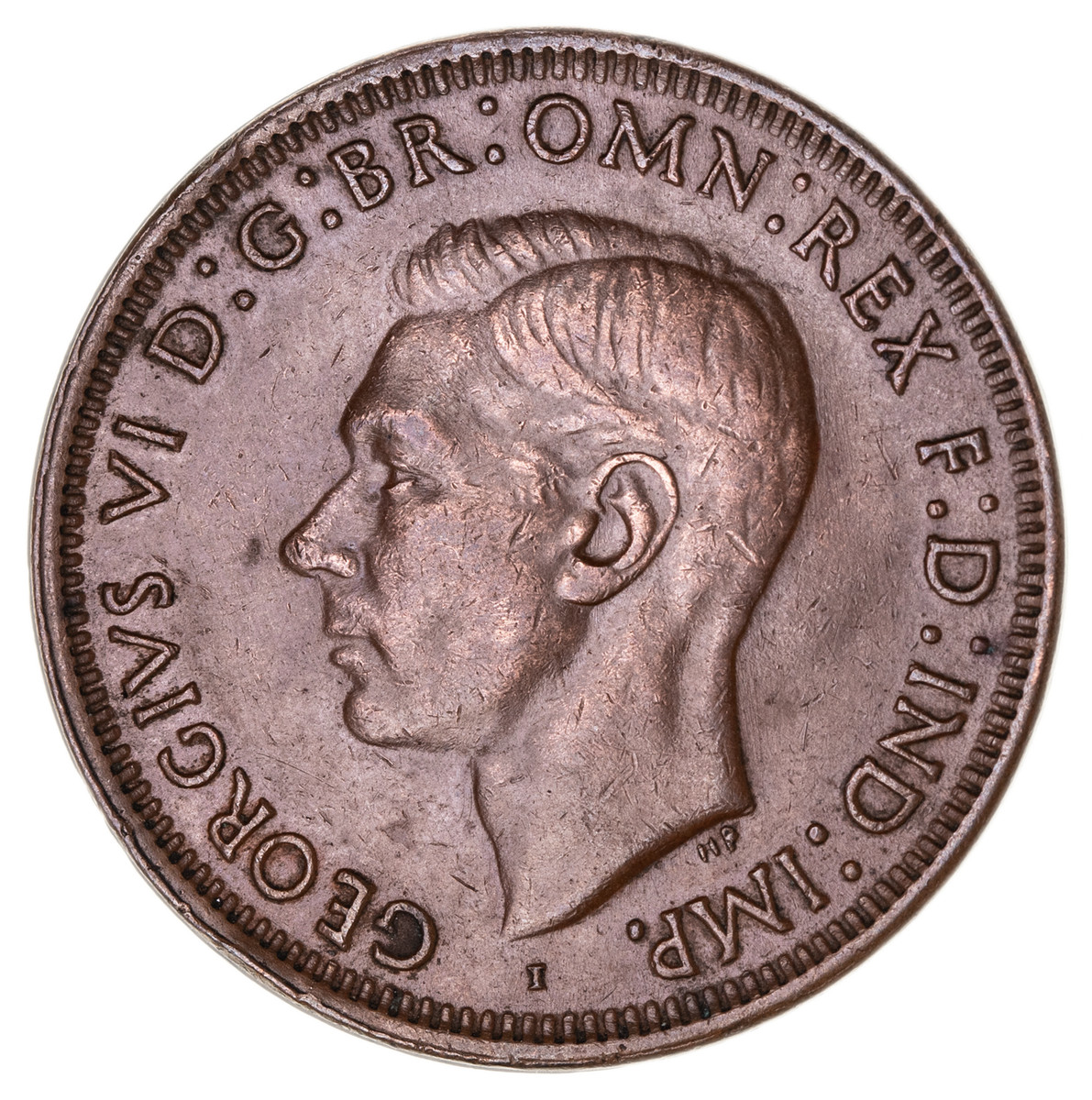 40 · MIS-STRIKES: George VI, full obverse brockage of 1942 I penny.