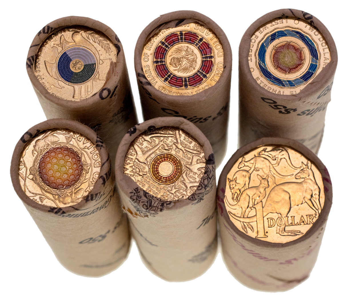 MINT ROLLS: Elizabeth II, mint rolls, World War 2 Doves, two dollars, 2022; Centenary of Honey Bee's, two dollars, no mint mark, 2022; Lest We Forget, two dollars, 2018; Orange Remembrance Day, two dollars, 2015; One Hundred Years of Repatriation, two dollars, 2019; one dollar, 2014. (6)