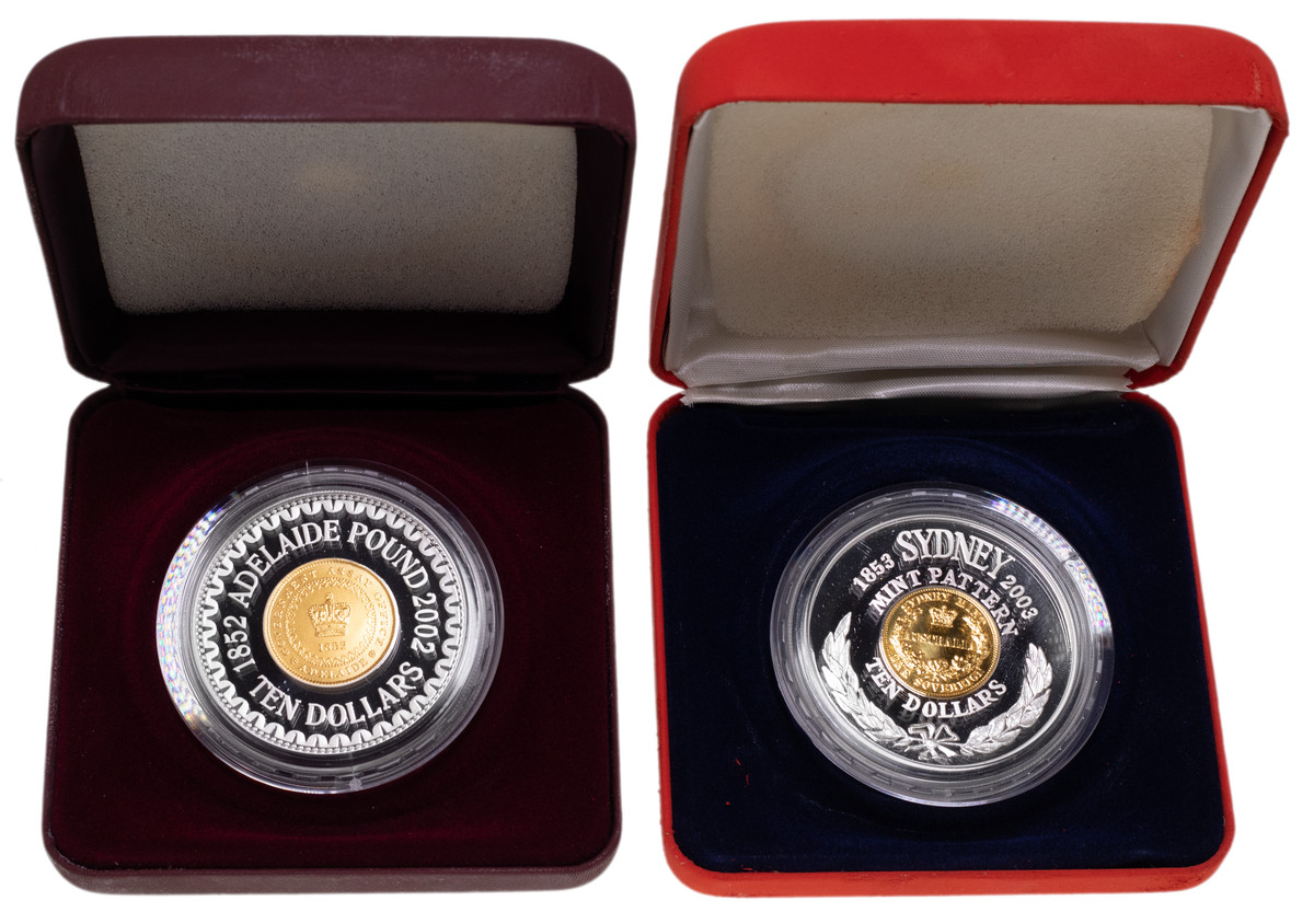 DECIMAL PROOFS: Elizabeth II, proof ten dollars, 150 Years of the Adelaide Pound in .999 fine, 2002; 150 Years of The Sydney Mint Pattern, 2003. (2)