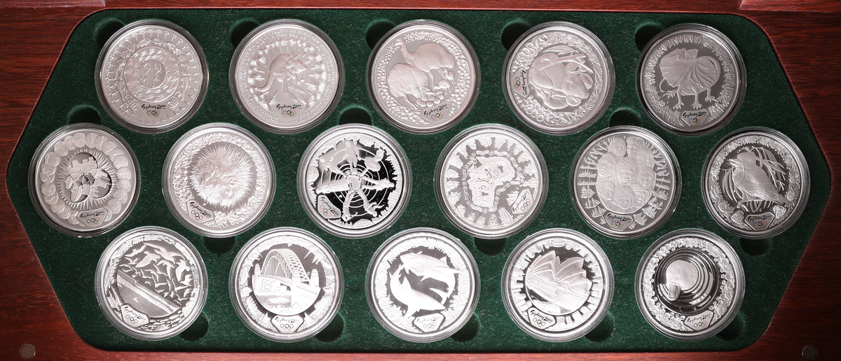 DECIMAL PROOFS: Elizabeth II, Perth Mint, The Sydney 2000 Olympic Silver Coin Collection, 16 coin set, each coin is 1oz of .999 fine silver, proof five dollars, 2000.
