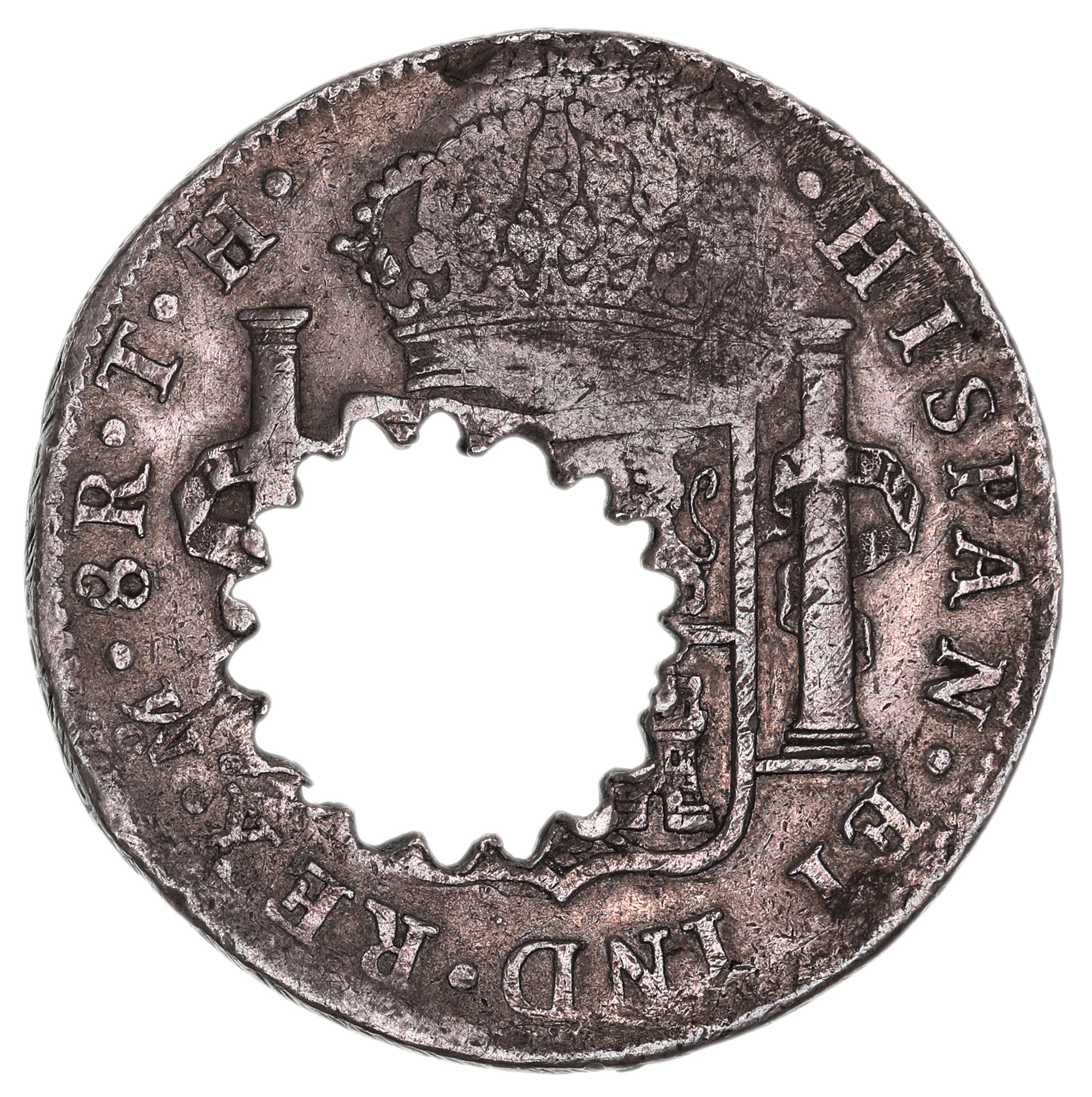 British Guiana, Essequibo and Demerara, local coinage, 1808, three guilders, E & D over 3. G.L in relief in a beaded oval indent, countermarked on a Charles IIII Mexico City Mint eight reales, 1806TH (21.93g) (Pr.2; KM.2). Toned, good very fine.