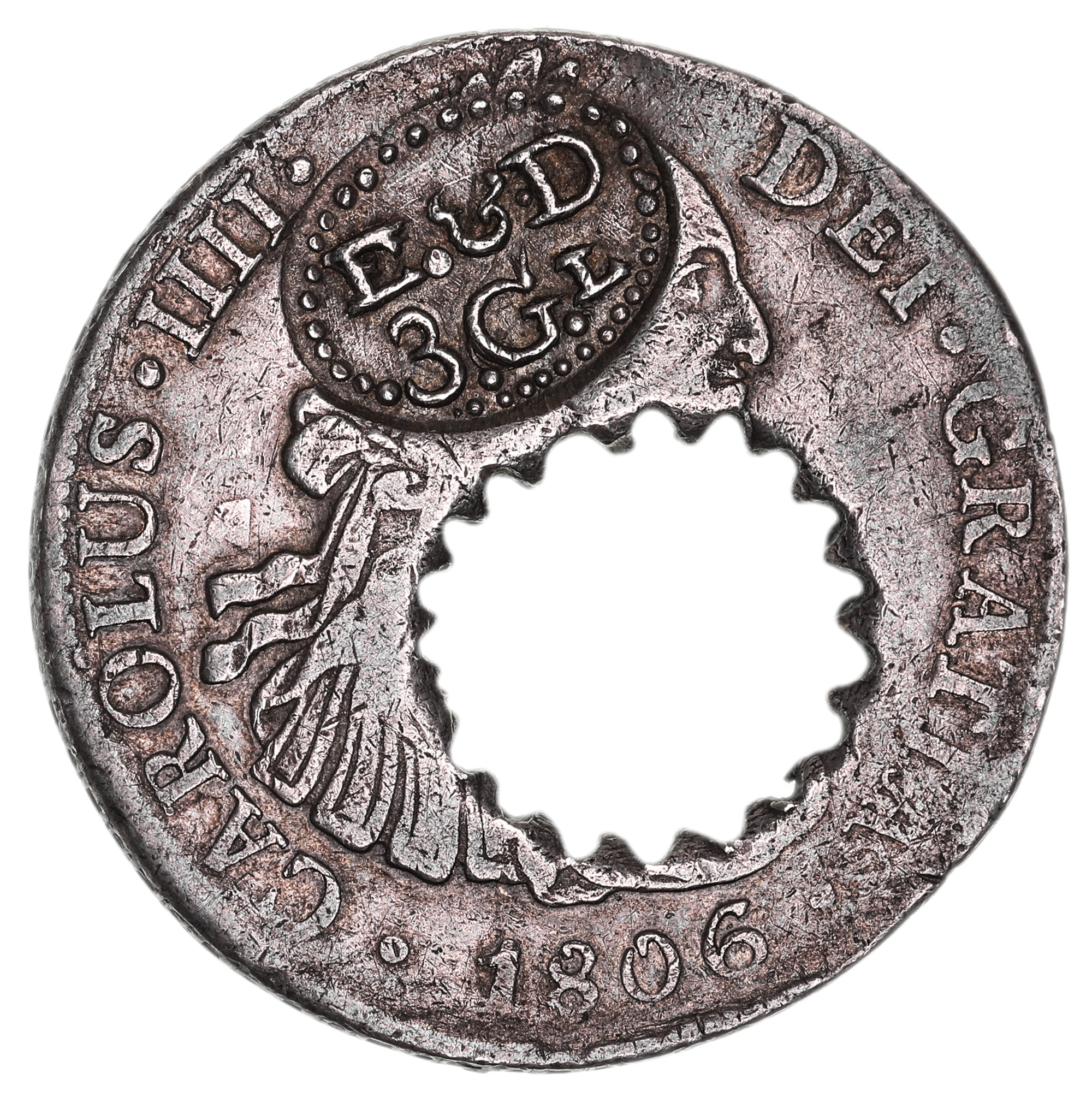 British Guiana, Essequibo and Demerara, local coinage, 1808, three guilders, E & D over 3. G.L in relief in a beaded oval indent, countermarked on a Charles IIII Mexico City Mint eight reales, 1806TH (21.93g) (Pr.2; KM.2). Toned, good very fine.