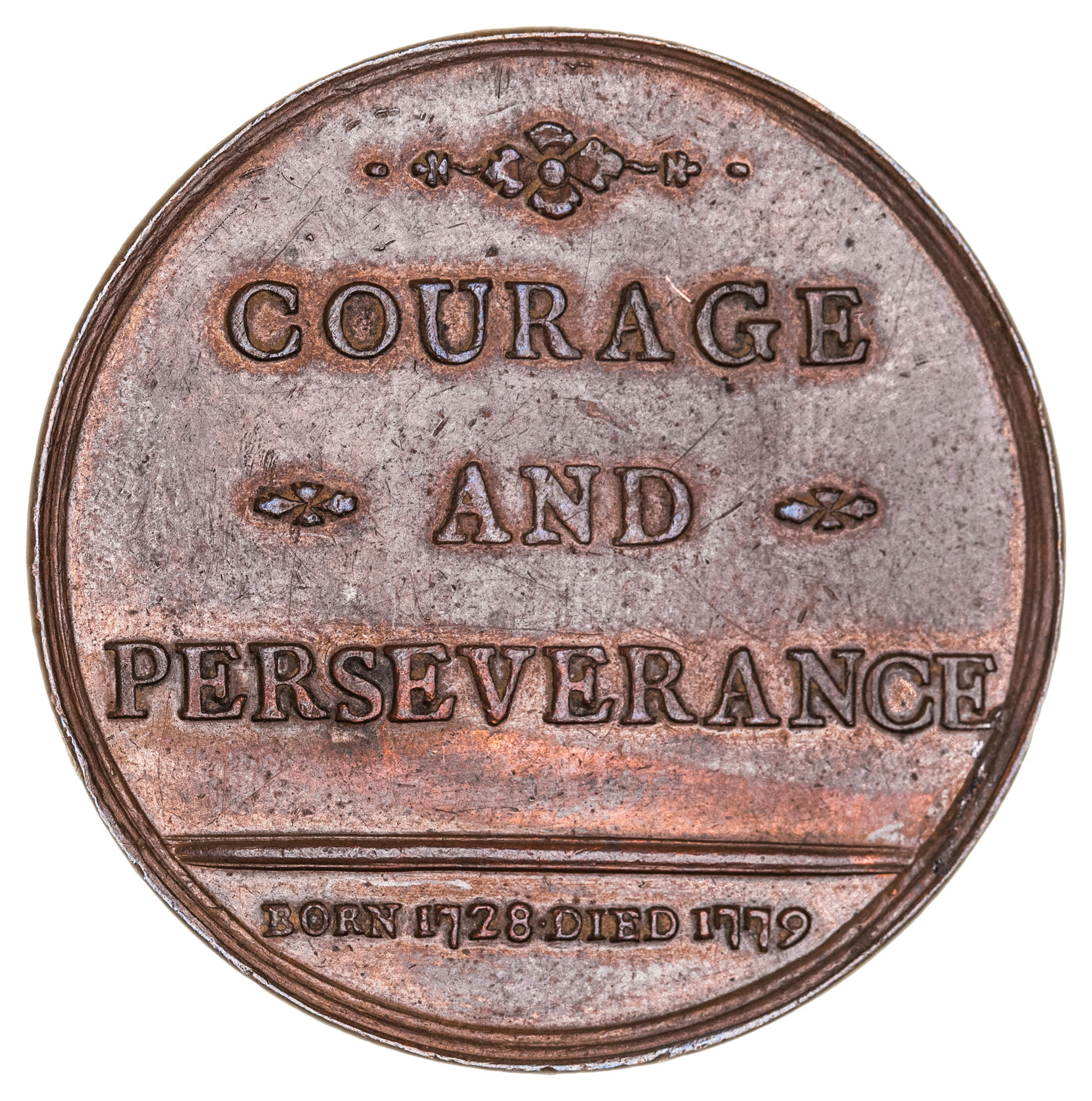 Capt. James Cook, Courage and Perseverance medal, 1779, in bronze (37 mm) in exergue "Born 1728 Died 1779 (BHM; Eimer 778; MH375; K.3). Red brown patina, extremely fine and very rare, one of the finest known.